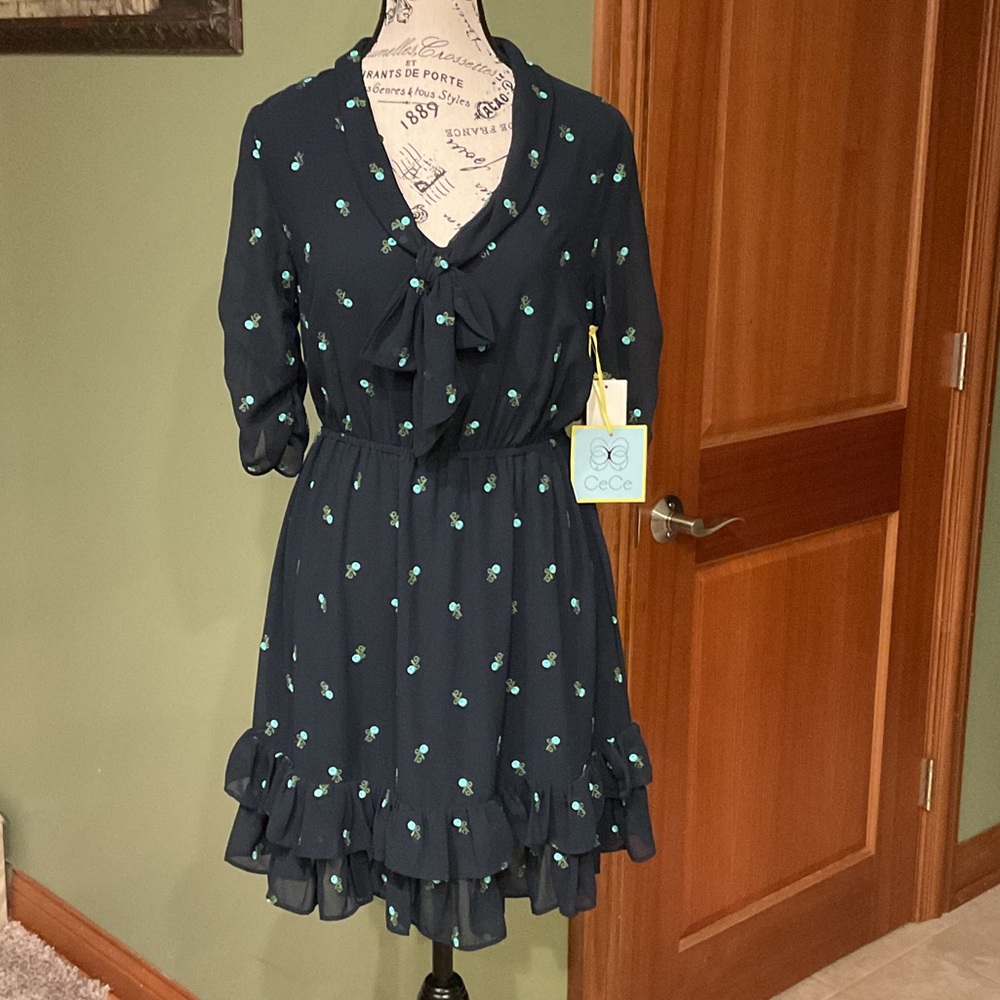 NWT CeCe Navy Dress with Teal Floral Embroidery, Size XS